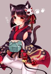 Rule 34 | 1girl, absurdres, animal ear fluff, animal ears, azur lane, bell, bento, black kimono, blush, breasts, brown background, brown hair, cat ears, cat girl, cat mask, cat tail, chiitamu, closed mouth, commentary request, fang, fang out, fingernails, floral print, heart, highres, japanese clothes, jingle bell, kimono, large breasts, long sleeves, mask, mask on head, print kimono, red eyes, short hair, short kimono, sideboob, simple background, smile, solo, tail, thighhighs, white thighhighs, wide sleeves, yamashiro (azur lane)