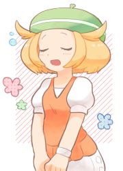 Rule 34 | 1girl, beret, bianca (pokemon), blonde hair, blush, breasts, closed eyes, creatures (company), dress, female focus, game freak, green hat, hat, mero (iwao2), nintendo, open mouth, orange vest, own hands together, pokemon, pokemon bw, puffy short sleeves, puffy sleeves, short hair, short sleeves, simple background, small breasts, smile, solo, v arms, vest, white background, white dress, wristband