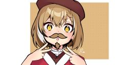 Rule 34 | 1girl, :o, absurdres, beret, braid, braided bangs, brown hair, double v, facial hair, fake facial hair, fake mustache, goatee, hat, highres, hololive, hololive english, japanese clothes, kimono, looking at viewer, mpmrpjb, multicolored hair, nanashi mumei, nanashi mumei (new year), official alternate costume, open mouth, red shawl, shawl, short hair, simple background, streaked hair, v, virtual youtuber, white kimono, yellow eyes