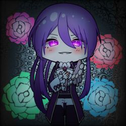 Rule 34 | 1boy, aqua rose, ascot, black footwear, brooch, buttons, chibi, double-breasted, erifura, evil smile, evillious nendaiki, flower, gem, glowing, glowing eyes, green flower, green rose, hand on own chest, highres, jacket, jewelry, kamui gakupo, light blush, long hair, looking at viewer, pale skin, pants, pink flower, pink rose, ponytail, purple eyes, purple gemstone, purple hair, purple jacket, reaching, reaching towards viewer, red flower, red rose, rose, sateriasis venomania, sidelocks, smile, solo, venomania kou no kyouki (vocaloid), very long hair, vocaloid, white pants