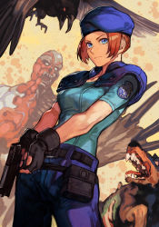 Rule 34 | 1girl, armor, beige background, belt, beret, bird, bird wings, black belt, black gloves, blue eyes, blue pants, blue shirt, bracer, breasts, brown hair, buckle, capcom, claws, clothes writing, dog, emblem, fangs, gloves, gun, handgun, hat, holding, holding gun, holding weapon, hungry clicker, jill valentine, legs apart, medium breasts, multiple belts, pants, pistol, police, police uniform, policewoman, pouch, red hair, resident evil, serious, shirt, short hair, short sleeves, shoulder pads, simple background, solo, standing, star (symbol), sweatdrop, talons, teeth, trigger discipline, uniform, weapon, wings, zombie