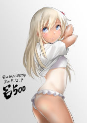 Rule 34 | 1girl, bikini, bikini under clothes, blonde hair, blue eyes, character name, commentary request, cowboy shot, dated, flower, frilled bikini, frills, gradient background, grey background, hair flower, hair ornament, kantai collection, long hair, looking at viewer, one-hour drawing challenge, one-piece tan, ro-500 (kancolle), shirt, smile, solo, standing, swimsuit, swimsuit under clothes, tan, tanline, tororo ten, undressing, white bikini, white shirt
