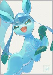 Rule 34 | :d, border, commentary request, creatures (company), fangs, game freak, gen 4 pokemon, glaceon, green eyes, grey border, highres, kikuyoshi (tracco), nintendo, no humans, open mouth, pokemon, pokemon (creature), signature, smile, solo, toes, tongue, watermark