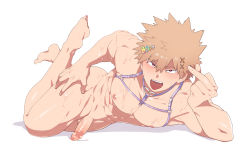 Rule 34 | 1boy, bakugou katsuki, blonde hair, boku no hero academia, censored, finger heart, hair ornament, highres, looking at viewer, lying, male focus, mosaic censoring, muscular, muscular male, nipples, nude, on side, open mouth, pectorals, penis, precum, red eyes, simple background, spiked hair, sweat, tongue, tongue out, white background, yazaki (yazakc)