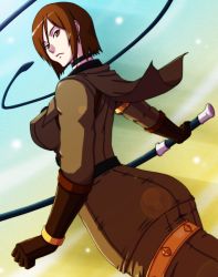 Rule 34 | 1girl, ass, bob cut, breasts, brown eyes, brown hair, choker, female focus, gloves, highres, large breasts, short hair, snk, solo, the king of fighters, whip, whip (kof)