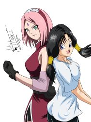 Rule 34 | 2girls, absurdres, black hair, blue eyes, breasts, crossover, dragon ball, dragonball z, elbow pads, facial mark, forehead jewel, forehead mark, green eyes, hairband, haruno sakura, highres, konohagakure symbol, looking at viewer, medium breasts, multiple girls, naruto: the last, naruto (series), naruto shippuuden, naruto shippuuden, open mouth, pink hair, red hairband, twintails, videl, white background