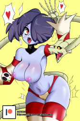 Rule 34 | 1girl, absurdres, blue skin, breasts, cleavage, colored skin, curvy, hair over one eye, highres, large breasts, leviathan (skullgirls), lucyfer, navel, nipples, open mouth, purple hair, red eyes, skullgirls, solo, squigly (skullgirls), stitches, striped clothes, striped sleeves, striped thighhighs, thick thighs, thighhighs, thighs, tongue, tongue out, underwear, wide hips, zombie