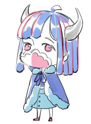 Rule 34 | 1girl, ahoge, alternate hair length, alternate hairstyle, blue cape, blue hair, blue skirt, cape, chibi, covered mouth, curled horns, dinosaur girl, full body, horns, jewelry, mask, medium hair, mouth mask, multicolored hair, necklace, one piece, pink eyes, pink hair, pink mask, raine (acke2445), red footwear, simple background, sketch, skirt, solo, standing, streaked hair, ulti (one piece), white background