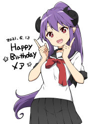 Rule 34 | 1girl, :d, bad id, bad pixiv id, black sailor collar, black skirt, black wings, blush, breasts, chikanoko, commentary request, curled horns, dated, demon girl, demon horns, demon wings, fang, hair between eyes, hands up, happy birthday, high ponytail, highres, horns, index fingers raised, long hair, mini wings, naito mare, open mouth, pleated skirt, ponytail, purple hair, ragho no erika, red eyes, red neckwear, sailor collar, school uniform, serafuku, shirt, short sleeves, simple background, skirt, small breasts, smile, solo, very long hair, white background, white shirt, wings