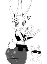 Rule 34 | 1boy, 1girl, animal ears, ass, body fur, rabbit, closed mouth, eric lowery, eyebrows, fox, furry, heart, highres, judy hopps, nick wilde, open mouth, pants, shirt, sketch, smile, sunglasses, tail, zootopia