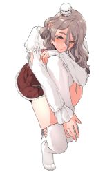 Rule 34 | 1girl, blush, brown eyes, frilled skirt, frills, grey hair, hair between eyes, half-closed eyes, hat, highres, hugging own legs, invisible chair, kantai collection, long hair, long sleeves, looking at viewer, parted lips, perspective, pola (kancolle), red skirt, shishanmo, simple background, sitting, skirt, solo, thighhighs, white background, white thighhighs