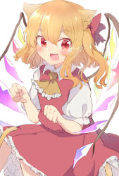 Rule 34 | 1girl, animal ears, aoi (annbi), blonde hair, blush, bow, cat ears, cat tail, collared shirt, crystal, flandre scarlet, hair bow, highres, looking at viewer, open mouth, puffy short sleeves, puffy sleeves, red bow, red eyes, shirt, short hair, short sleeves, simple background, sketch, smile, solo, tail, touhou, white background, white shirt, wings