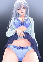 Rule 34 | 1girl, :o, absurdres, black skirt, blue bra, blue eyes, blue panties, bra, breasts, cleavage, clothes lift, collarbone, collared shirt, gradient background, grey hair, highres, lifted by self, looking at viewer, medium breasts, open clothes, open mouth, open shirt, original, panties, pasdar, plaid, plaid skirt, pleated skirt, shirt, simple background, skirt, skirt lift, solo, standing, underwear, white shirt