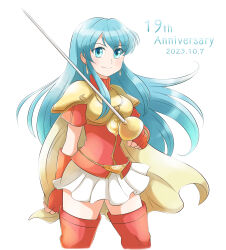 Rule 34 | 1girl, absurdres, anniversary, aogaeru (pixiv46613656), aqua eyes, aqua hair, armor, boots, breastplate, closed mouth, dated, earrings, eirika (fire emblem), fingerless gloves, fire emblem, fire emblem: the sacred stones, gloves, highres, holding, holding sword, holding weapon, jewelry, long hair, looking at viewer, nintendo, red footwear, red gloves, red shirt, shirt, shoulder armor, skirt, smile, solo, sword, thigh boots, weapon, white background, white skirt