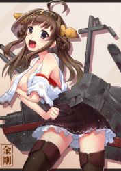 Rule 34 | 10s, 1girl, bad id, bad pixiv id, bare shoulders, black eyes, black thighhighs, blush, boots, breasts, brown hair, burnt clothes, cannon, damaged, detached sleeves, double bun, hair bun, hair ornament, hairband, headgear, ichiko oharu, japanese clothes, kantai collection, kongou (kancolle), large breasts, long hair, miko, nontraditional miko, open mouth, personification, skirt, solo, thigh boots, thighhighs, turret