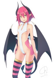Rule 34 | 1girl, 4690 (tkpbsk), dated, demon girl, demon horns, demon tail, demon wings, fang, gluteal fold, horns, lilim (waguruma!), looking at viewer, open mouth, pink eyes, pointy ears, revealing clothes, short hair, slit pupils, solo, striped clothes, striped thighhighs, tail, thighhighs, waguruma!, wings, yellow eyes