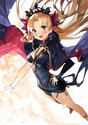 Rule 34 | 1girl, :d, anklet, between breasts, blush, bracelet, breasts, brown eyes, brown hair, cape, cleavage, cleavage cutout, clothing cutout, detached sleeves, earrings, ereshkigal (fate), fate/grand order, fate (series), foreshortening, gaou (umaiyo puyoman), hair ornament, hand on own hip, jewelry, leotard, long hair, medium breasts, open mouth, parted bangs, single detached sleeve, single thighhigh, smile, solo, thighhighs, tiara, tohsaka rin