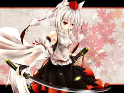 Rule 34 | 1girl, animal ears, bare shoulders, breasts, detached sleeves, hat, highres, inubashiri momiji, inyuppo, katana, looking at viewer, pom pom (clothes), red eyes, short hair, silver hair, skirt, solo, sword, tail, tokin hat, touhou, weapon, weapon bag, wolf ears