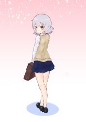 Rule 34 | 1girl, alternate costume, bag, black footwear, blue skirt, brown sweater vest, fate/grand order, fate (series), from behind, gradient background, green eyes, greypidjun, highres, jack the ripper (fate/apocrypha), light particles, loafers, long sleeves, looking at viewer, looking back, no legwear, pink background, pleated skirt, scar, scar across eye, scar on face, school bag, school uniform, shirt, shoes, short hair, simple background, skirt, smile, solo, standing, sweater vest, white background, white hair, white shirt