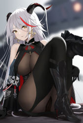 Rule 34 | 1girl, aegir (azur lane), ass, asymmetrical footwear, azur lane, bare shoulders, black cape, black footwear, black gloves, blurry, blurry background, bodystocking, boots, breast curtains, breasts, cape, cross, cross earrings, demon girl, demon horns, earrings, eyes visible through hair, gloves, high heels, highres, horns, iron cross, jewelry, knee boots, large breasts, medal, multicolored hair, red hair, single boot, single knee boot, smallqin, solo, stiletto heels, streaked hair, two-tone hair, uneven footwear, white hair, yellow eyes