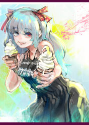 Rule 34 | 1girl, absurdres, alternate costume, bare arms, bare shoulders, black dress, blue eyes, blue hair, cowboy shot, dress, food, green background, hair ribbon, heterochromia, highres, holding, ice cream, ice cream cone, kyuuba melo, leaning forward, long hair, looking at viewer, multicolored background, red eyes, red ribbon, ribbon, short hair, smile, solo, tokyo ghoul, tokyo ghoul:re, twintails, yellow background, yonebayashi saiko