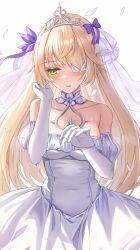 Rule 34 | 1girl, bare shoulders, blonde hair, blush, bow, breasts, bridal veil, bride, collar, covered navel, dress, elbow gloves, eyepatch, fischl (genshin impact), genshin impact, gloves, green eyes, hair over one eye, hair ribbon, highres, i ruru, long hair, medium breasts, open mouth, purple bow, ribbon, simple background, solo, strapless, strapless dress, tiara, veil, wedding, wedding dress, white dress, white gloves
