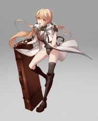Rule 34 | 1girl, absurdres, asymmetrical legwear, black gloves, blonde hair, blush, boots, breasts, cleavage, commentary request, fingerless gloves, full body, girls&#039; frontline, girls&#039; frontline 2: exilium, gloves, grey background, highres, jacket, knee boots, lihongrun1, long hair, looking at viewer, medium breasts, ots-14 (girls&#039; frontline), ponytail, single thighhigh, solo, tearing up, thighhighs, tongue, tongue out, weapon case, white jacket, yellow eyes