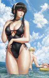 Rule 34 | 1boy, 2girls, anya (spy x family), beach, black hair, blonde hair, breasts, cleavage, earrings, father and daughter, hair ornament, highres, in water, jewelry, long hair, mother and daughter, multiple girls, necklace, pink hair, red eyes, sciamano240, spy x family, swimsuit, twilight (spy x family), water, wet, white headwear, yor briar