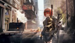 1girl absurdres arknights backpack bag black_bag black_gloves broken building chinese_commentary city closed_mouth column commentary_request day detached_wings dzq1710 exusiai_(arknights) exusiai_(wild_operation)_(arknights) eyewear_on_head gloves grey_jacket grey_shorts gun halo highres jacket light_particles light_rays long_sleeves looking_at_viewer looking_back official_alternate_costume orange_eyes orange_hair outdoors pillar plant rifle road scaffolding science_fiction short_hair shorts smile smoke solo standing steam strap string_of_light_bulbs sunglasses taxi thigh_strap tom_clancy&#039;s_the_division traditional_halo traffic_cone tree turning_head weapon window wings yellow_halo