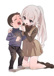 Rule 34 | 1boy, 1girl, age difference, artist name, brown dress, brown eyes, brown footwear, brown shirt, child, cleaning, closed eyes, crying, dirty, dirty clothes, dress, elf, full body, grey hair, handkerchief, highres, kneeling, long hair, looking at another, open mouth, original, pinafore dress, pointy ears, ponytail, shirt, signature, simple background, sleeveless dress, smile, wavy mouth, white background, zenshin