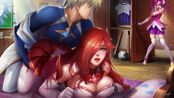 Rule 34 | 1boy, 2girls, ball, bare shoulders, baseball bat, bed, bed sheet, blonde hair, blush, book, building, curtains, door, elbow gloves, ezreal, gloves, green eyes, highres, league of legends, long hair, lux (league of legends), miss fortune (league of legends), multiple girls, on bed, open mouth, open window, opening door, photo (object), plant, poster (object), purple skirt, red hair, shiny skin, skirt, soccer ball, soccer uniform, sportswear, standing, star (symbol), star guardian (league of legends), star guardian ezreal, star guardian lux, star guardian miss fortune, star print, surprised, sweat, sweatdrop, thighhighs, turewindwalker, twintails, white curtains, white gloves, white legwear, window