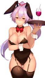 Rule 34 | 1girl, 3:, alternate costume, animal ears, bare shoulders, black leotard, black thighhighs, blush, bow, bowtie, breasts, cleavage, closed mouth, collarbone, covered navel, cowboy shot, cup, detached collar, drink, drinking glass, drinking straw, fake animal ears, fate/grand order, fate (series), garter straps, gluteal fold, groin, hair ribbon, high ponytail, highres, holding, holding tray, kameponde, large breasts, leotard, long hair, looking at viewer, nose blush, playboy bunny, purple hair, rabbit ears, red bow, red bowtie, red eyes, red ribbon, ribbon, simple background, solo, strapless, strapless leotard, thighhighs, tomoe gozen (fate), tray, white background, wrist cuffs