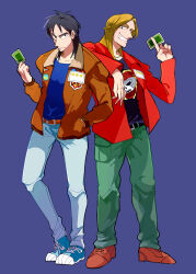 Rule 34 | 2boys, belt, black belt, black shirt, blonde hair, blue background, blue footwear, blue pants, blue shirt, bomber jacket, brown belt, brown jacket, card, closed mouth, commentary request, full body, green pants, grin, hand in pocket, highres, holding, holding card, inudori, itou kaiji, jacket, kaiji, kitami (kaiji), long hair, long sleeves, looking at viewer, male focus, medium bangs, multiple boys, open clothes, open jacket, pants, parted bangs, playing card, pointy nose, red jacket, shirt, shoes, simple background, smile, sneakers, standing, star (symbol), undershirt