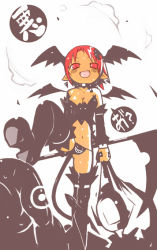 Rule 34 | boots, breasts, cleavage, demon girl, disgaea, etna (disgaea), fang, head wings, hiruma andon, ke1rou, pointy ears, prinny, red eyes, red hair, scythe, solo, tail, thigh boots, thighhighs, whip, wings