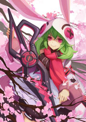 Rule 34 | 1girl, bad id, bad pixiv id, blush, catsmoon, eiruby, forever 7th capital, green hair, highres, holding, holding sword, holding weapon, hood, long sleeves, looking at viewer, petals, pink eyes, short hair, smile, solo, sword, weapon