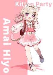Rule 34 | 1girl, alternate costume, amai hiyo, animal ears, belt, cat ears, cat tail, character name, ekakibito, full body, hair ornament, headband, highres, indie virtual youtuber, light brown hair, low twintails, medium hair, open mouth, paw pose, purple eyes, school uniform, shoes, shorts, solo, standing, tail, twintails, virtual youtuber