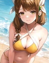 Rule 34 | 1girl, absurdres, alternate costume, armpit crease, beach, bikini, blush, braid, breasts, brown hair, cleavage, commentary, curvy, dot nose, fire emblem, fire emblem engage, flower, goldmary (fire emblem), hair flower, hair ornament, hair ribbon, highres, jurge, large breasts, light smile, looking at viewer, mole, mole on breast, navel, nintendo, ocean, outdoors, ribbon, side braid, solo, swimsuit, water, yellow bikini, yellow eyes