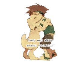Rule 34 | 1boy, agumon, bad id, bad pixiv id, brown hair, chip202, closed eyes, digimon, digimon (creature), digimon adventure, gloves, goggles, happy, hug, lowres, male focus, short hair, smile, solo, white background, yagami taichi