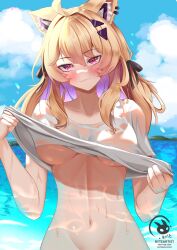 Rule 34 | 1girl, absurdres, ahoge, animal ear fluff, animal ears, beach, blonde hair, blush, breasts, byte-artist, cat ears, cat girl, clothes lift, day, facial mark, hair ornament, highres, indie virtual youtuber, lifted by self, long hair, looking at viewer, medium breasts, out-of-frame censoring, outdoors, red eyes, shirt, shirt lift, shyrei faolan, solo, virtual youtuber, water, wet, wet clothes, whisker markings, white shirt