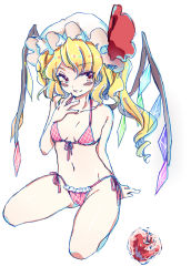 Rule 34 | 1girl, apple, bikini, blonde hair, blush, breasts, cameltoe, flandre scarlet, food, front-tie top, fruit, grin, highres, long hair, mielang, red bikini, red eyes, side-tie bikini bottom, side ponytail, sketch, small breasts, smile, solo, swimsuit, touhou, wings