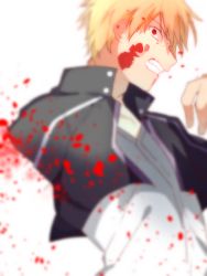 Rule 34 | 1boy, amputee, blonde hair, blood, blood on face, fate/stay night, fate (series), gilgamesh (fate), kuriiro benishi, male focus, official alternate costume, red eyes, simple background, solo