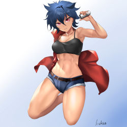 Rule 34 | 1girl, abs, absurdres, arm behind back, artist request, bare legs, bare shoulders, belt, blue background, blue hair, blush, coat, collarbone, commentary request, full body, gluteal fold, gradient background, hair between eyes, hand up, highres, kneeling, kor icseok noin, looking at viewer, midriff, navel, off shoulder, open mouth, original, parted lips, pink eyes, red coat, shaded face, short hair, short shorts, shorts, signature, simple background, solo, thighs, tomboy, toned, v-shaped eyebrows