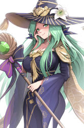 Rule 34 | 1girl, absurdres, breasts, cape, cleavage, dress, fire emblem, fire emblem: three houses, gonzarez, green eyes, hand on own cheek, hand on own face, hat, hat tassel, highres, holding, holding staff, large breasts, long hair, looking at viewer, nintendo, official alternate costume, purple dress, rhea (fire emblem), rhea (halloween) (fire emblem), smile, solo, staff, white background, wide hips, witch, witch hat