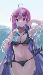 Rule 34 | 1girl, absurdres, ahoge, aqua hair, breasts, colored inner hair, commentary, highres, hololive, large breasts, looking at viewer, minato aqua, multicolored hair, nel dcm, ocean, open mouth, pink eyes, pink hair, solo, two-tone hair, virtual youtuber
