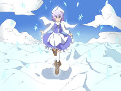 Rule 34 | 1girl, apron, bad id, bad pixiv id, blue hair, blush, cape, cloud, cross-laced footwear, day, female focus, hat, letty whiterock, long sleeves, mashio, pink hair, puffy sleeves, sky, smile, snowflakes, solo, touhou