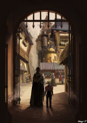 Rule 34 | 2girls, 6+boys, blonde hair, cape, commentary, english commentary, fantasy, food stand, from behind, gate, height difference, house, kenji gonzales, machinery, male focus, multiple boys, multiple girls, original, road, scenery, signature, steam, steampunk, street