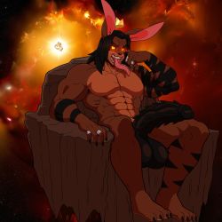 Rule 34 | 1boy, abs, alien, bare shoulders, black hair, black sclera, breasts, cleavage, colored sclera, crown, furry, furry male, glowing, glowing eyes, hand on own face, highres, jewelry, large penis, male focus, marks, meteor, midriff, muscular, muscular arms, muscular legs, muscular male, navel, nude, original, pectorals, penis, rabbit boy, rabbit ears, rabbit tail, ring, sack, sharp teeth, short hair, sitting, smile, solo, space, spiked penis, barbed tongue, sun, tattoo, teeth, throne, tongue, tongue out, yellow eyes