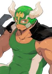 Rule 34 | 1boy, bare shoulders, beard, biceps, black hair, bulge, covered abs, covered navel, facial hair, from above, goatee, green eyes, ikusaba daisuke, jacket, jacket on shoulders, kuro nezumi inu, large pectorals, male focus, mask, muscular, pectorals, simple background, skin tight, smile, solo, taurus mask, tight clothes, tokyo houkago summoners, upper body, white background, wrestling mask, wrestling outfit