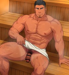 Rule 34 | 1boy, abs, arm hair, bar censor, bara, bare pectorals, bulge, censored, chest hair, clothes lift, come hither, earrings, facial hair, feet out of frame, goatee, hairy, highres, jewelry, large pectorals, leg hair, male focus, manly, muscular, naked towel, navel, nipples, original, pectorals, penis, penis peek, sakuramarusan, sauna, short hair, sideburns, smirk, solo, sweat, thick thighs, thighs, towel, towel lift