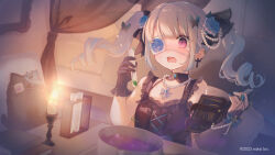 Rule 34 | 1girl, bare shoulders, black bow, black dress, black gloves, blue bow, blue flower, blue nails, blue rose, blush, book, bow, breasts, butterfly hair ornament, candle, candlelight, commentary request, copyright notice, dress, eyepatch, fire, flower, flower eyepatch, gloves, grey hair, hair bow, hair flower, hair ornament, hands up, holding, holding book, long hair, nail polish, official art, open mouth, purple eyes, re:act, ringlets, rose, single glove, sleeveless, sleeveless dress, small breasts, solo, stuffed animal, stuffed cat, stuffed toy, sumeragi rose, suzumori uina, sweat, tears, twintails, upper body, vial, virtual youtuber
